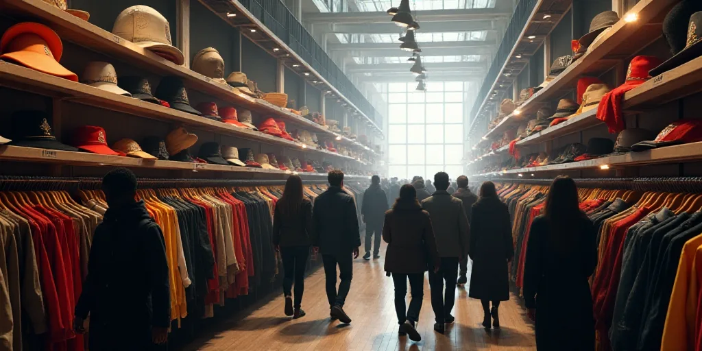 a crowd of people walking around a store filled with clothing and hats on racks and clothes hanging