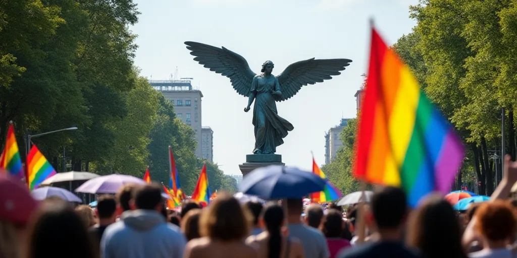 a crowd of people walking down a street holding rainbow flags and umbrellas in front of a statue of