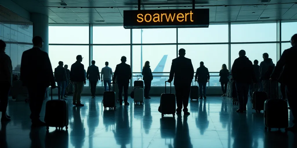 a crowd of people with luggage at an airport terminal with a sign in the background that says soarwe