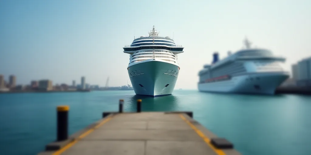 a cruise ship docked in a harbor with another ship in the background and a dock in the foreground, C