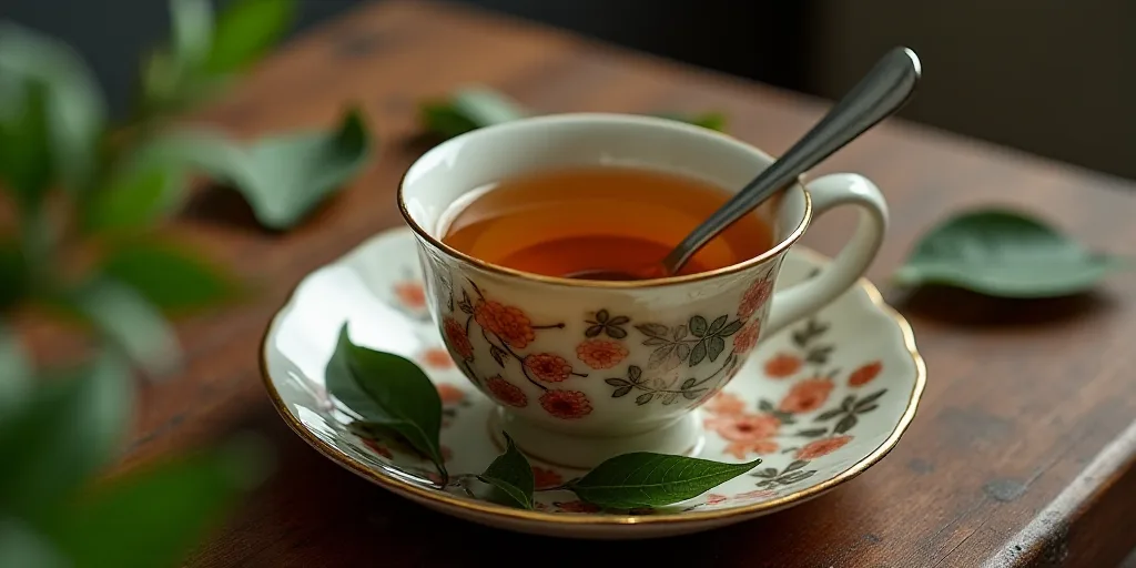 a cup of tea with a spoon and some leaves around it on a wooden table with a spoon and a cup of tea,