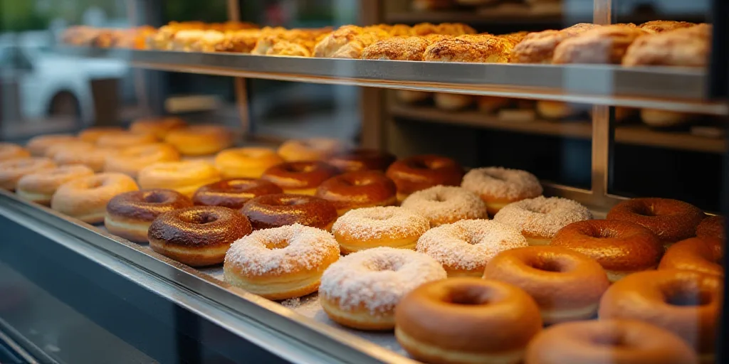 a display case filled with lots of different types of donuts and pastries in a bakery window display