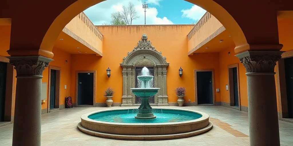 a display of a fountain in a building with a sign that says puebla on it and a fountain of water in