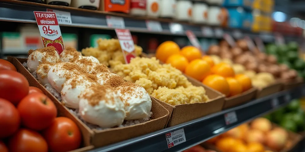 a display of food in a store with a price tag on it and a shelf of yogurt, Andries Stock, furaffinit