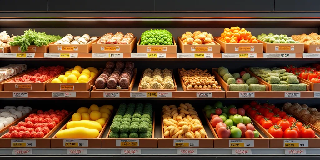 a display of food items in a store shelf with prices on the shelves and prices on the shelves below,