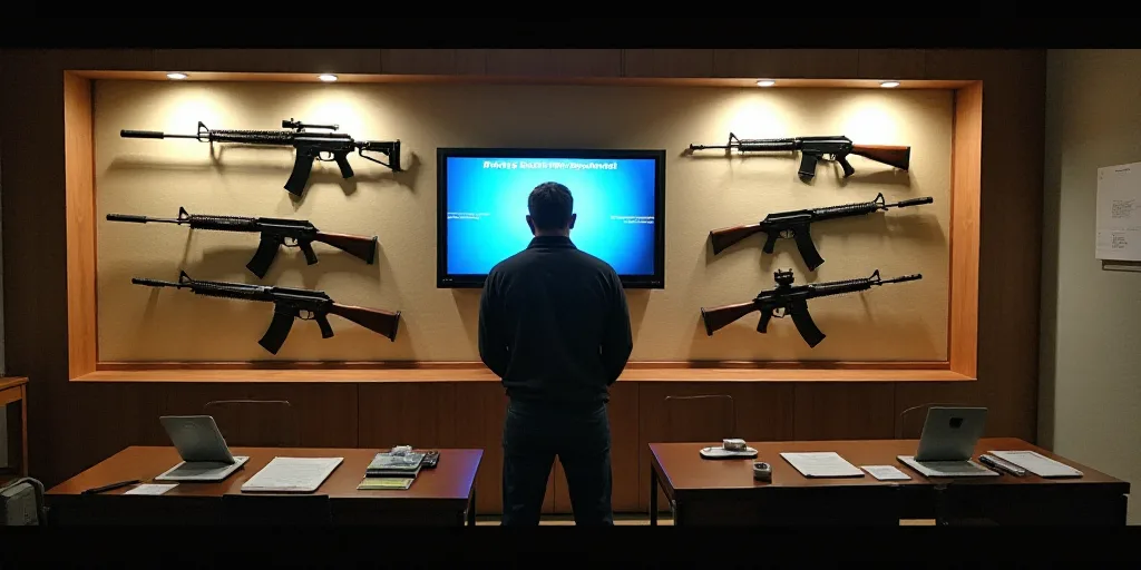 a display of guns and other items in a room with a screen in the background and a man standing in fr