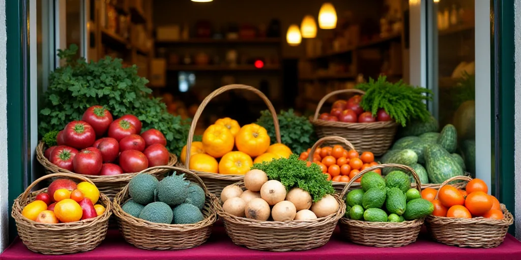 a display of vegetables and fruits in baskets on a table in a store window display case, with a vari