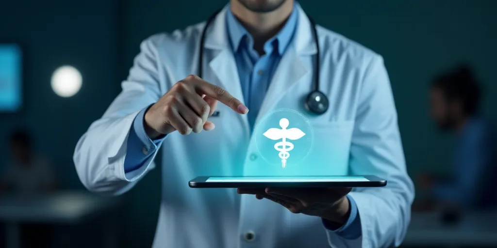 a doctor is holding a tablet with a medical icon on it and pointing at it with a finger in the air,