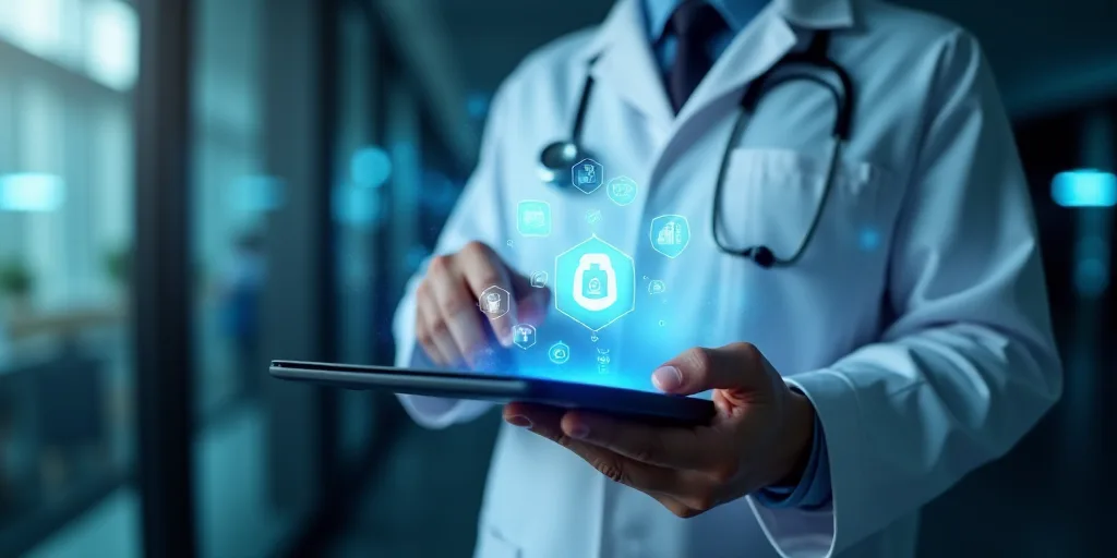 a doctor is holding a tablet with medical icons on it and a stethoscope in his hand, Évariste Vital