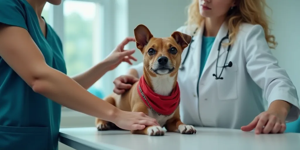 a dog is being examined by a veterinator at a veterinary's office table with a dog wearing a bandana