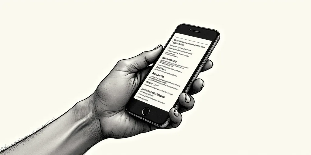 a drawing of a hand reaching for a cell phone with a screen showing a line of data on it, Android Jo