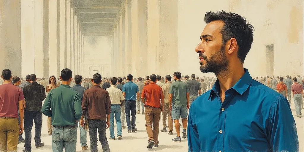 a drawing of a man in a blue shirt and a group of people in a crowd of people in a building, Edward
