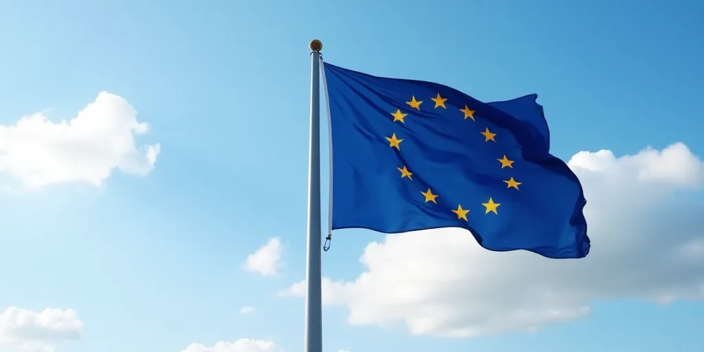 a european flag flying in the wind on a sunny day with clouds in the background and a blue sky with