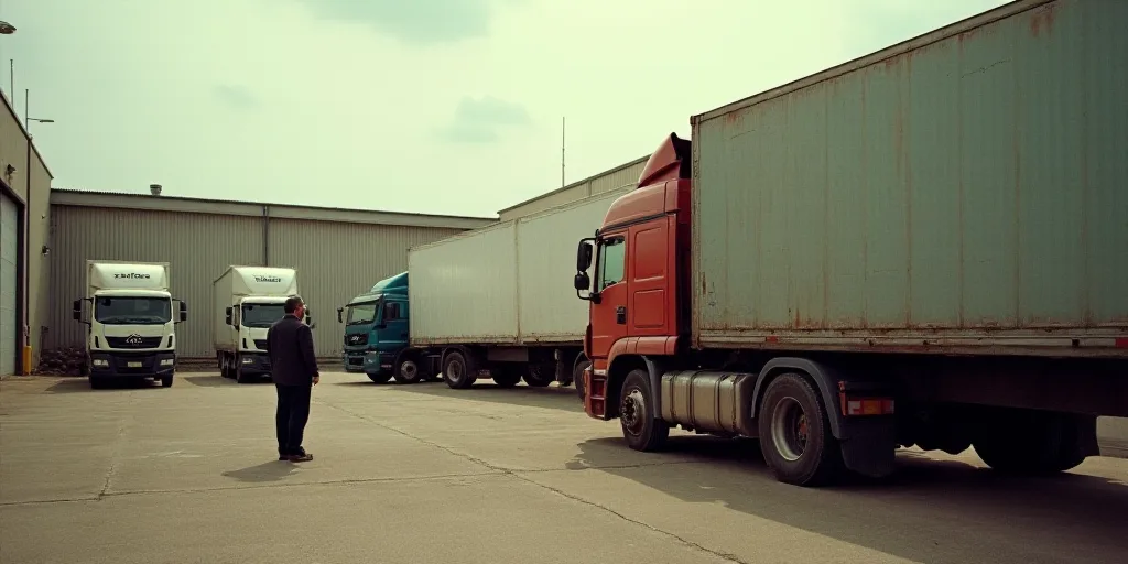 a factory with several trucks parked in the lot and a man standing in the back of the truck looking