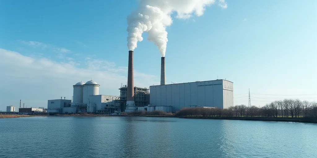 a factory with smoke coming out of it's stacks and cooling water behind it and a blue sky, Andries S
