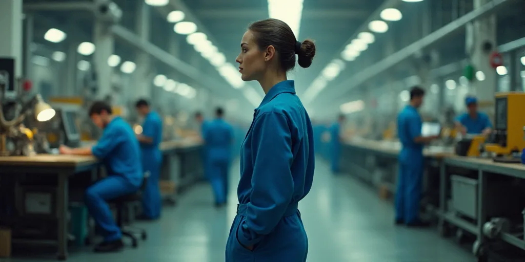 a factory with workers and machines in the background and a woman in blue uniform standing in the mi