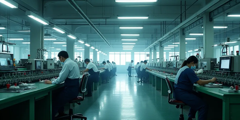a factory with workers and workers working on machines and machinery in it's factory floor, with ove
