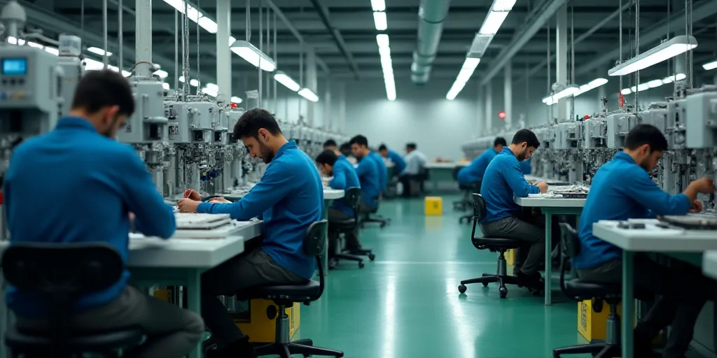a factory with workers working on machines and other items in it's factory floor area, with workers