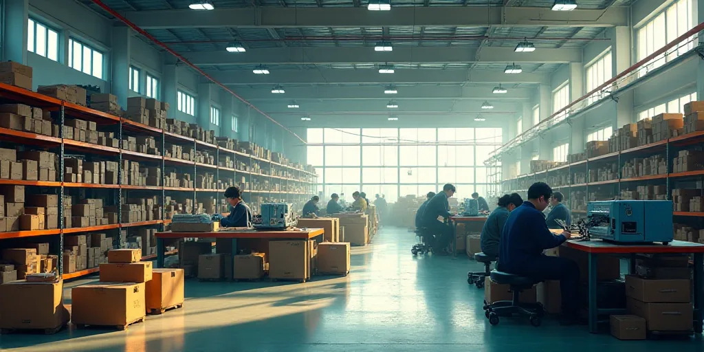 a factory with workers working on machines and a lot of boxes on the floor and shelves full of items