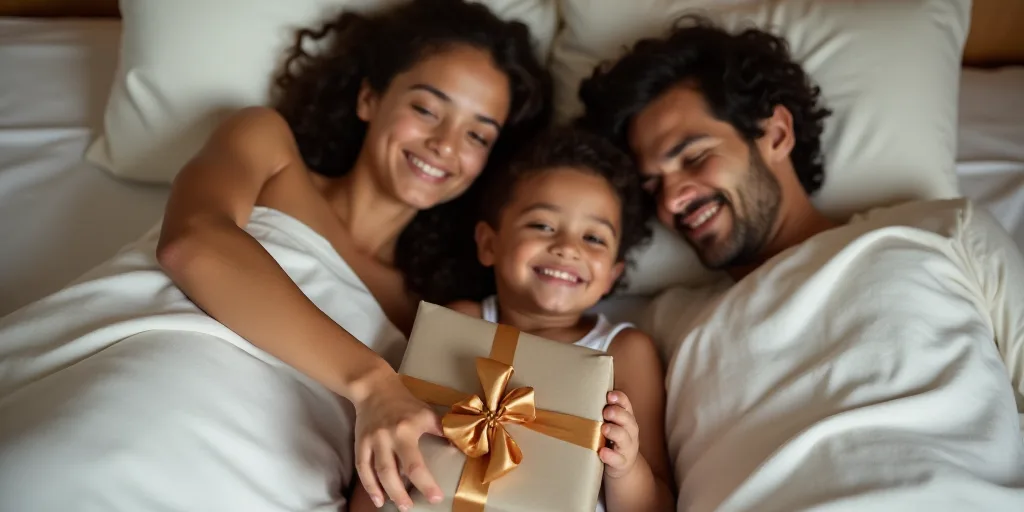 a family is laying in bed with a gift wrapped in brown ribbon and a gift box in the middle, Allen Tu