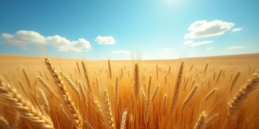 a field of wheat is shown in the sunlight with a blue sky in the background and a few clouds in the