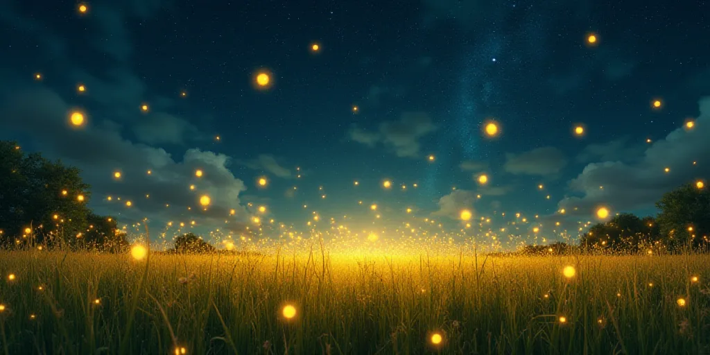 a field with a lot of yellow fireflies flying around it at night time with a sky background full of