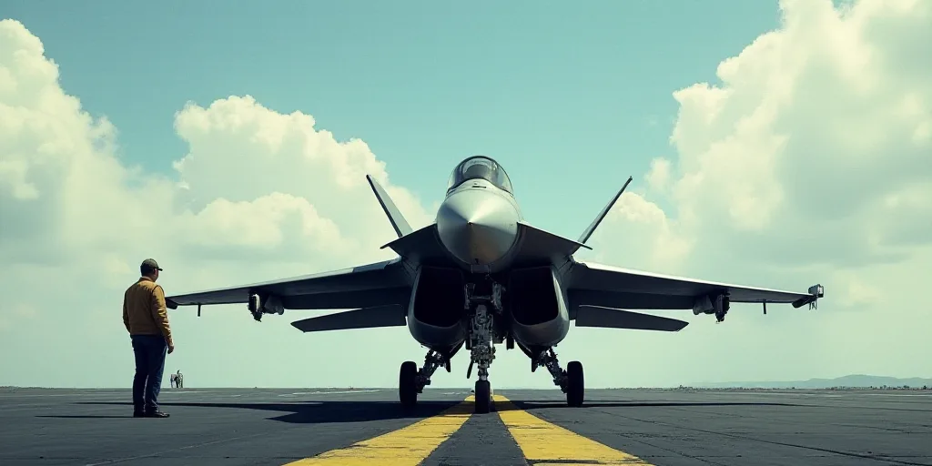 a fighter jet is on the runway of an aircraft carrier with a man standing next to it looking at it,