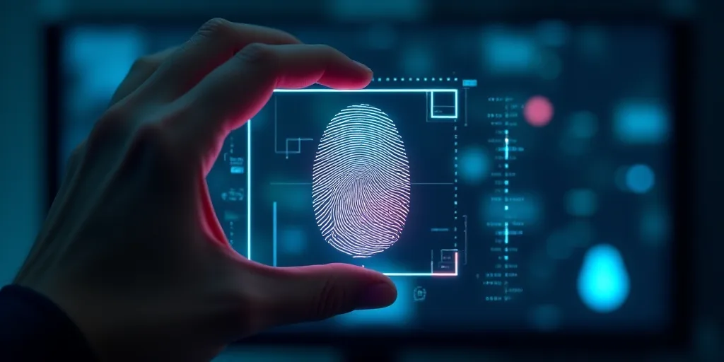 a fingerprint is being held up in front of a futuristic background with a fingerprint on it and a fi