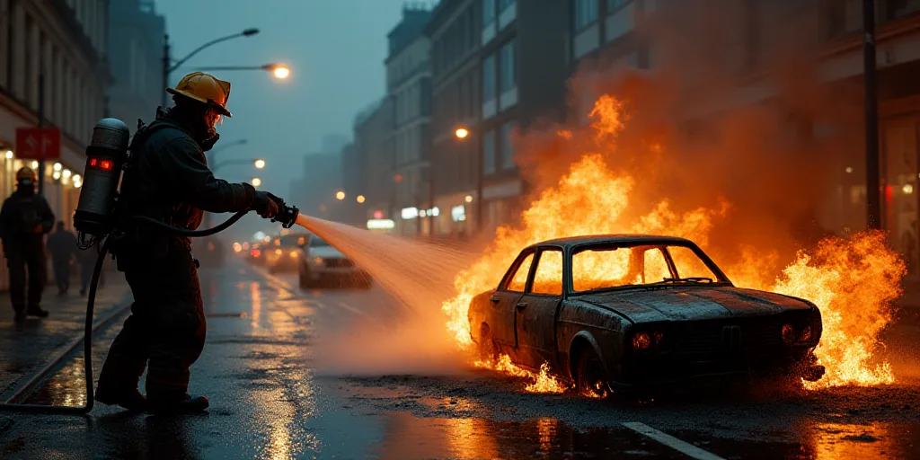 a firefighter hoses water from a hose to a burned car in a city street at night with other fire figh