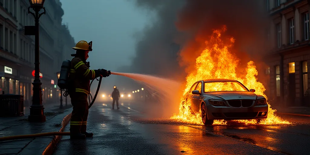 a firefighter hoses water from a hose to a burned car in a city street at night with other fire figh