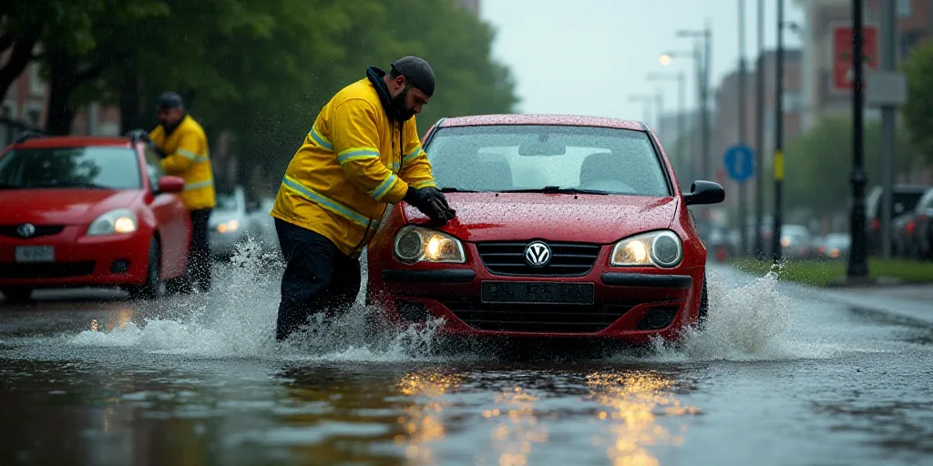 a fireman is working on a car in a flooded street with a red car behind him and another man in a yel