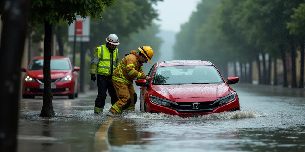 a fireman is working on a car in a flooded street with a red car behind him and another man in a yel