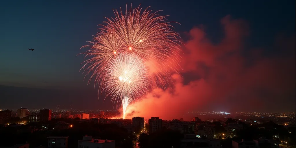 a fireworks is lit up in the night sky above a cityscape and a jet is flying overhead, Aya Goda, exp