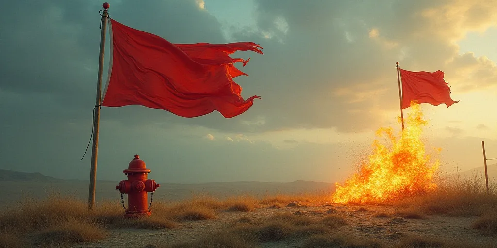 a flag blowing in the wind next to a fire hydrant with a flag on it and a flag on fire, Dahlov Ipcar