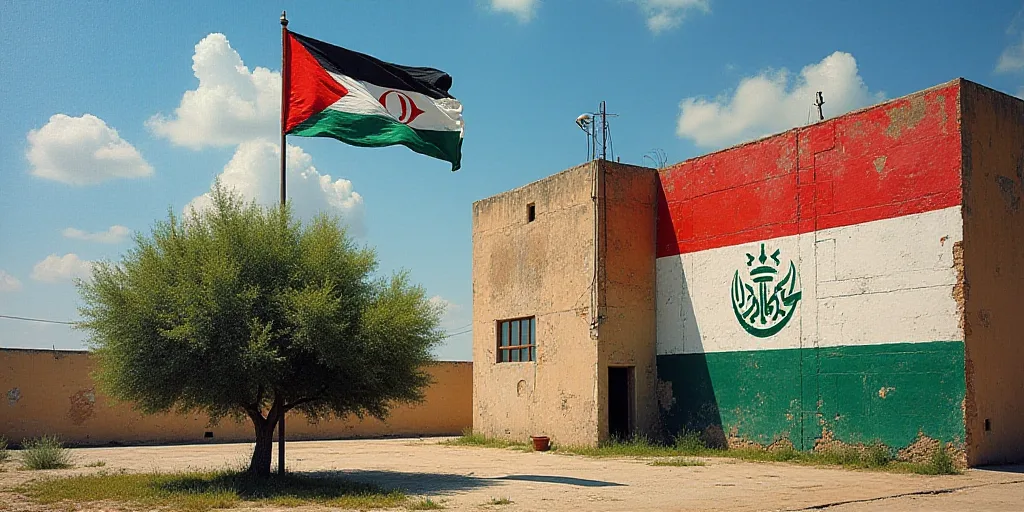 a flag flying in front of a building with a mural of a flag on it's side and a tree in the foregroun