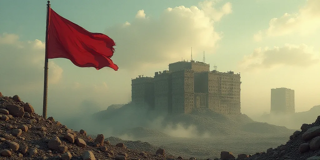 a flag flying in front of a building with a lot of rubble in the background and a few buildings, Aya