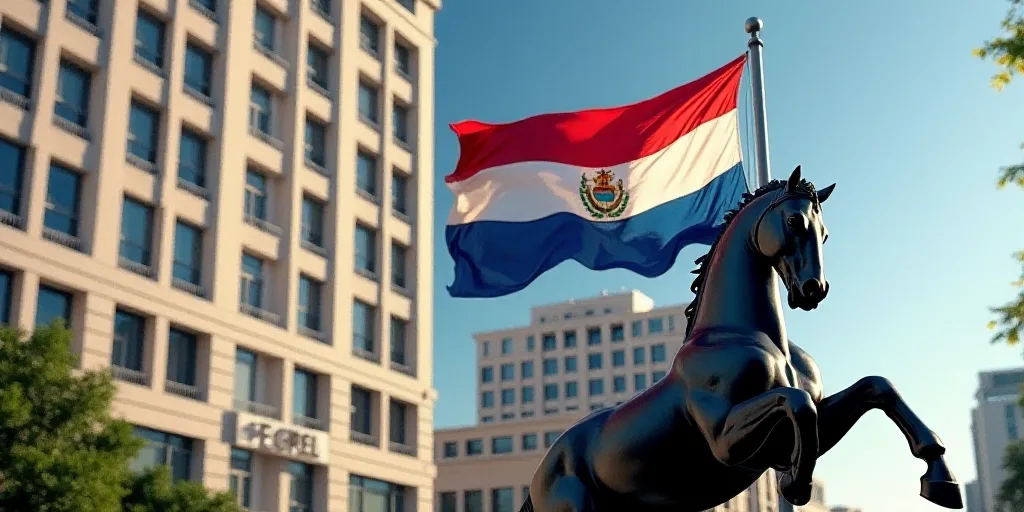 a flag flying in front of a tall building with windows in the background and a horse statue in the f