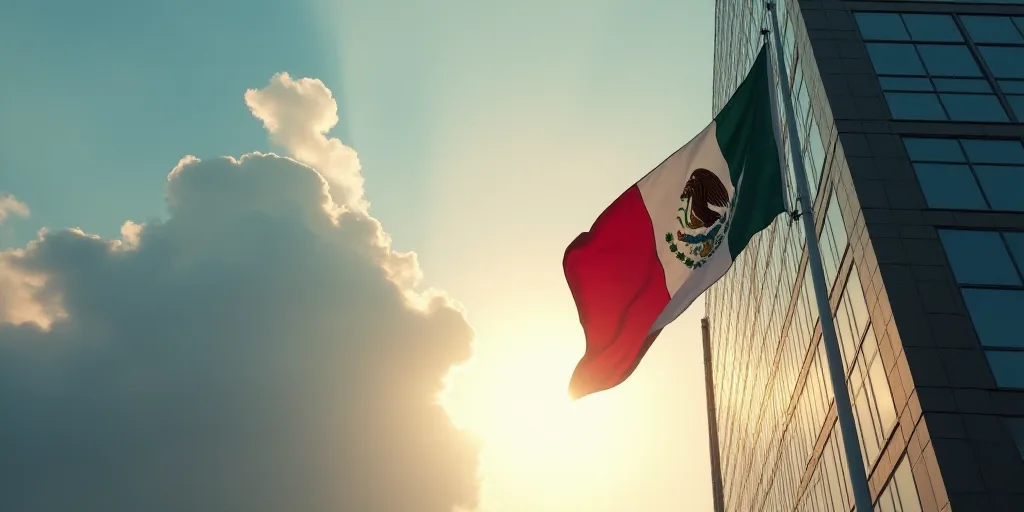 a flag flying in front of a tall building in mexico, with the sun shining through the clouds in the