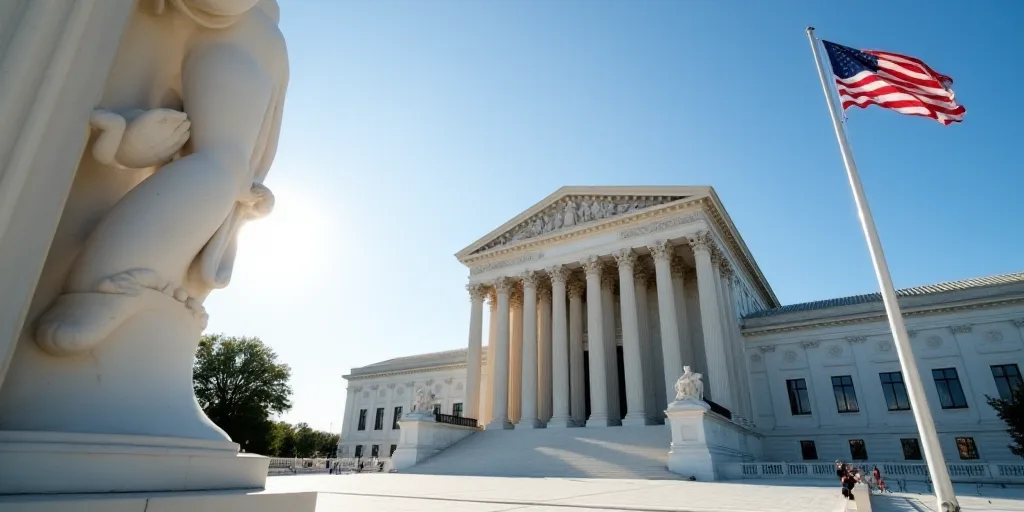 a flag flying in front of the supreme court building in washington, dc, usa, on a sunny day, Anne Ri