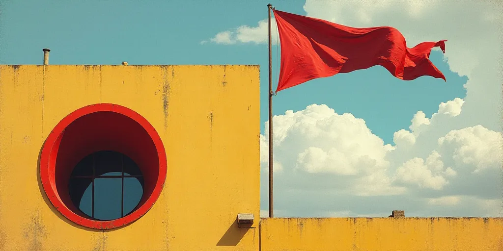 a flag flying in the wind next to a building with a sky background and a circular window in the cent