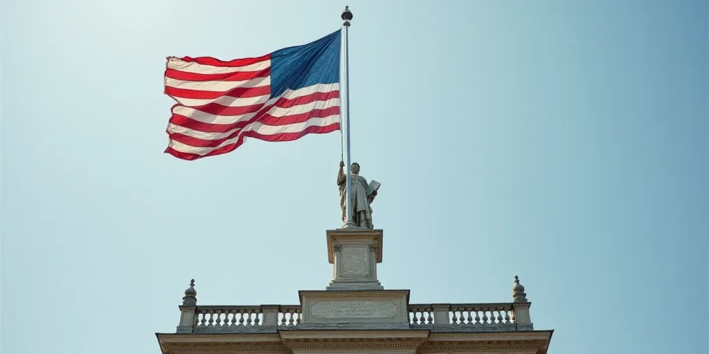 a flag flying on top of a building with a flagpole on top of it and a statue of a man on top of the