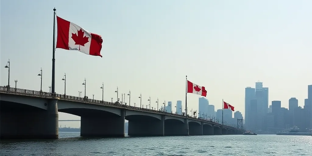 a flag flying over a bridge with a canadian flag in the background and another flag flying in the ba