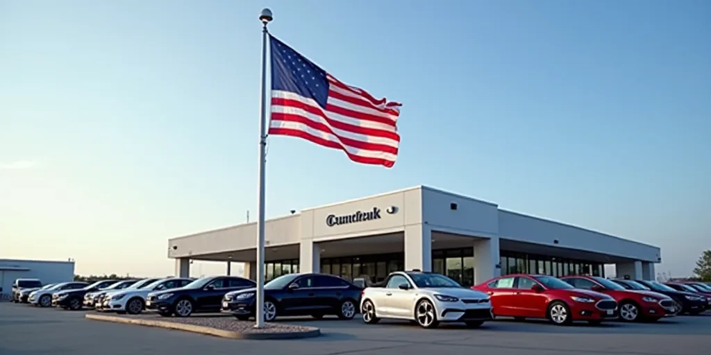 a flag is flying in front of a dealership with cars parked in the lot and a building in the backgrou