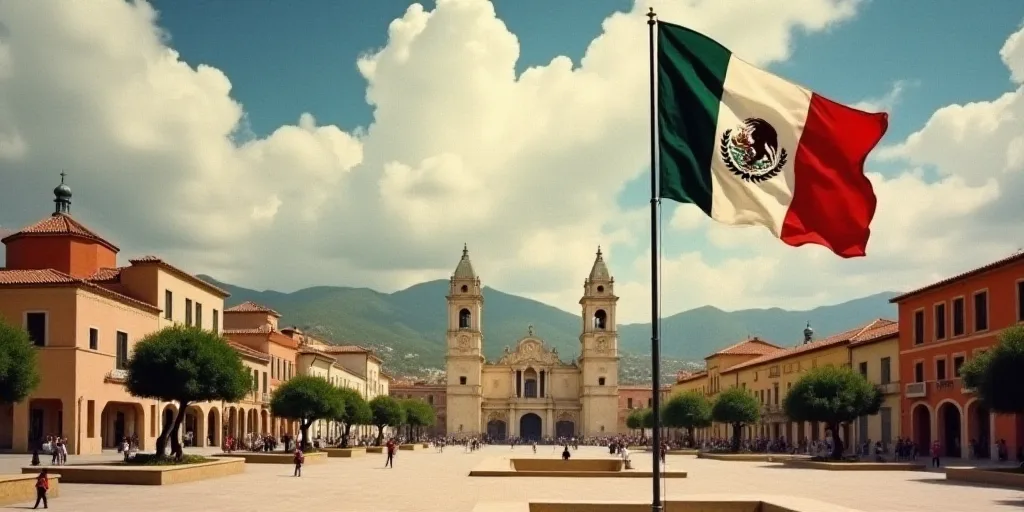 a flag is flying in the wind in a city square with buildings in the background and a cloudy sky, Dav