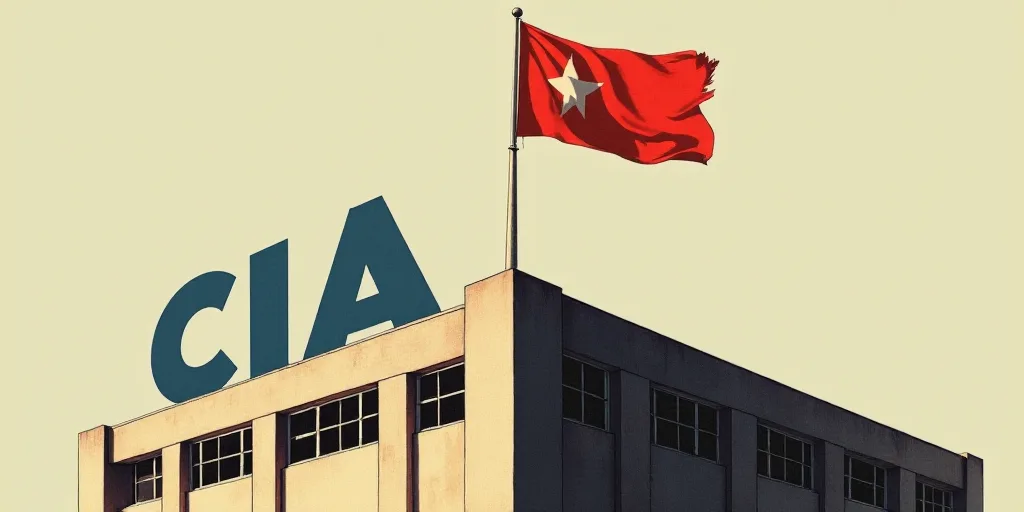 a flag is flying on top of a building with a sign in front of it that says, cia, David Alfaro Siquei