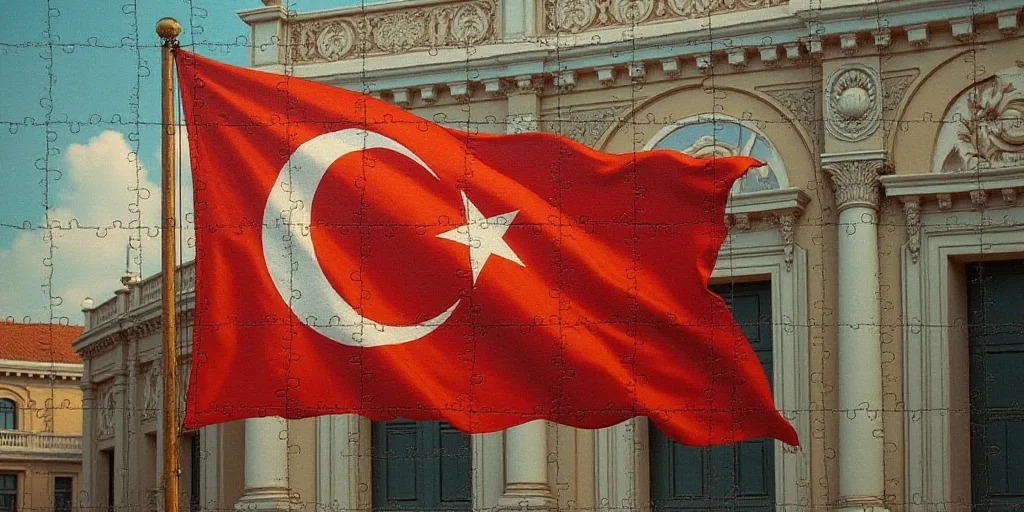 a flag with a crescent on it flying in front of a building with a circular window in the background,