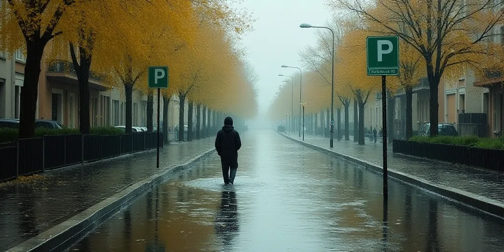 a flooded street with a person walking in the water and a green sign above it that says no parking,