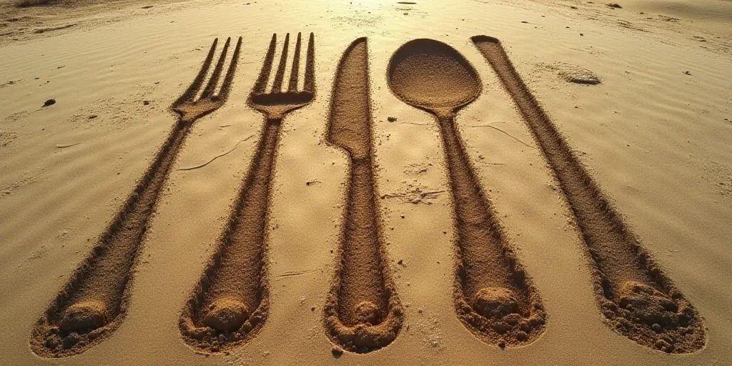 a fork and a knife are drawn in the ground with a fork and knife in it, and a fork and a spoon are d