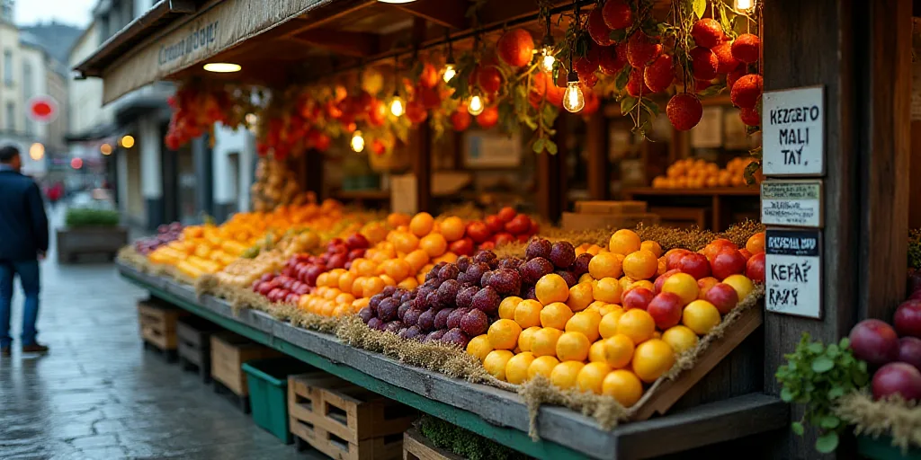a fruit stand with lots of fruit and signs on it's sides and a man standing in the background, Cefer