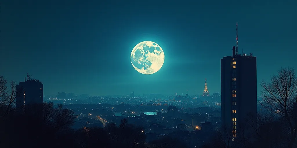 a full moon is seen over a city at night time with a building in the foreground and a building in th